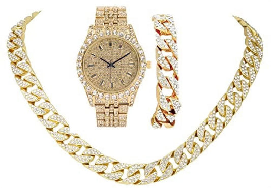 Blinged Out Cuban Necklace W/ Matching Bracelet and Fire Iced Out Timepiece - Boujee 3Pc Set - 2023 CNBW (ST10226 Gld/Gld)