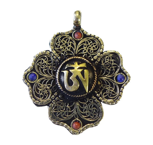 Handmade Brass Pendant with Lapis Lazuli & Coral Boho Prayer Jewelry for Men & Women