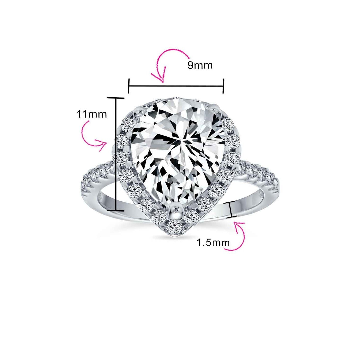Womens 10CT Pear Shaped Halo Solitaire Engagement Ring CZ Pave Band