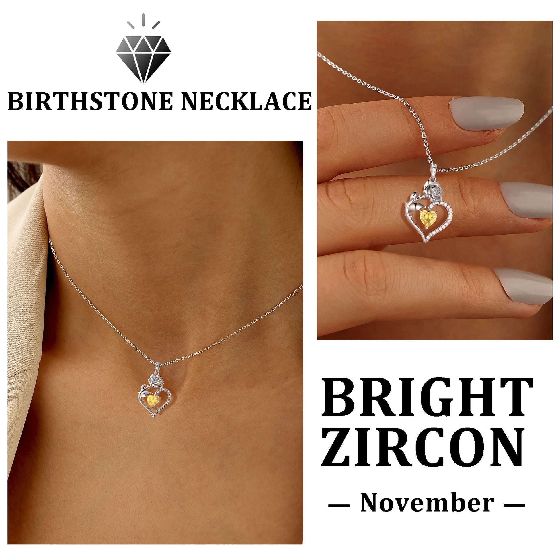 925 Sterling Silver Rose Heart Necklace,Butterfly Flower Pendant Necklace Jewelry Birthday Christmas Valentines Mother'S Day Gifts for Women Mom Wife -November