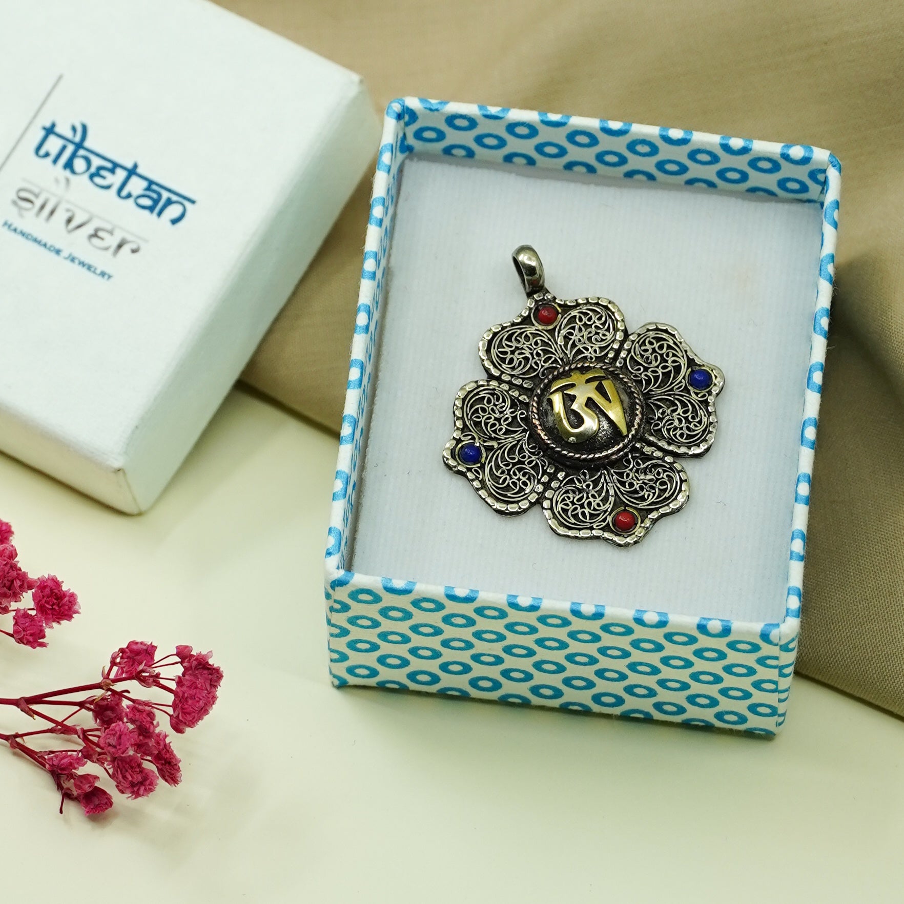 Handmade Brass Pendant with Lapis Lazuli & Coral Boho Prayer Jewelry for Men & Women